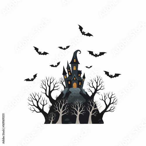 A dark and spooky vampire castle vector illustration, surrounded by bats, perfect for Halloween, horror themes, fantasy, and gothic concepts
