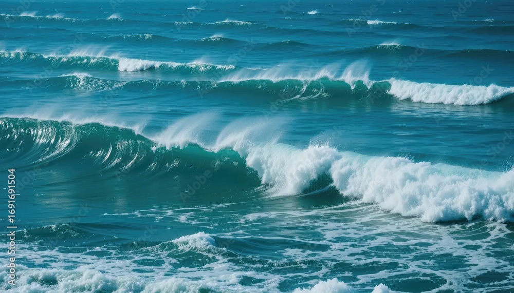 Fototapeta premium Vibrant ocean waves cresting and breaking across the surface, displaying a dynamic movement.
