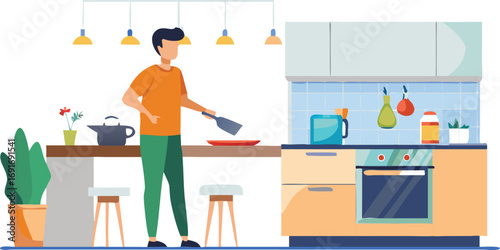 A man engaged in cooking in a stylish kitchen, depicted in a flat vector illustration with vibrant colors and details.