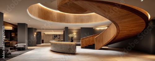 Modern hotel lobby with curved wooden staircase