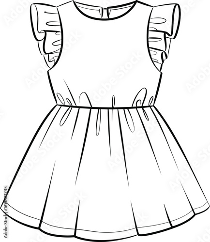 Black and white line drawing of a baby girl's dress with ruffled sleeves child clothing