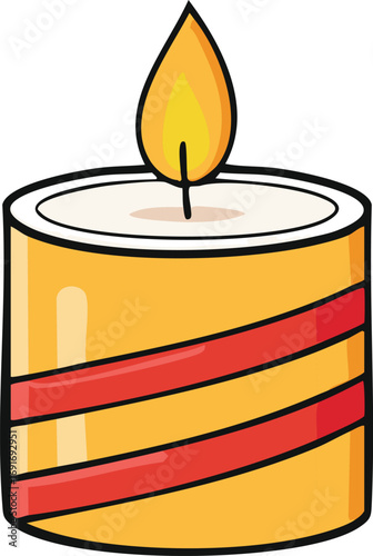 Cartoon illustration of a lit yellow candle with red stripes.