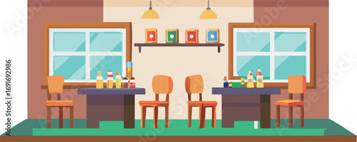 Restaurant interior showcasing tables and chairs arranged for dining, with soft lighting creating a cozy ambiance.