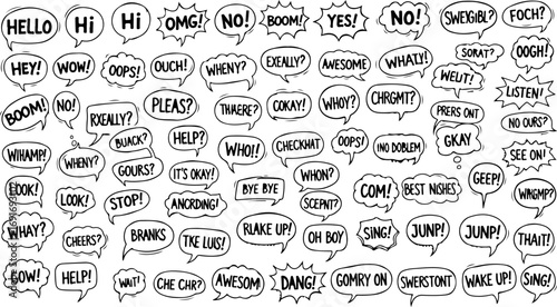 Doodle speech bubbles with common expressions: Hello, Hi, OMG, No, Yes, Awesome, Help, Please