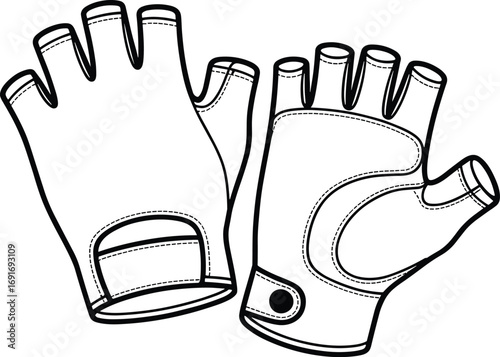Black and white line drawing of a pair of fingerless gloves with stitching details handwear accessory