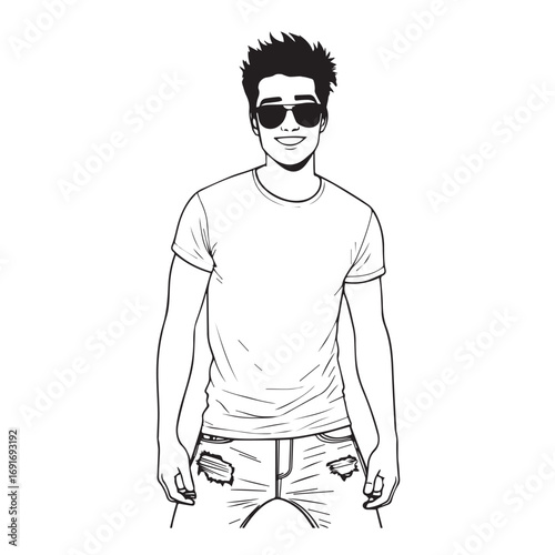 Handsome Man Black and White Illustration Vector Image Male Portrait Fashion Sketch Line Art Design	