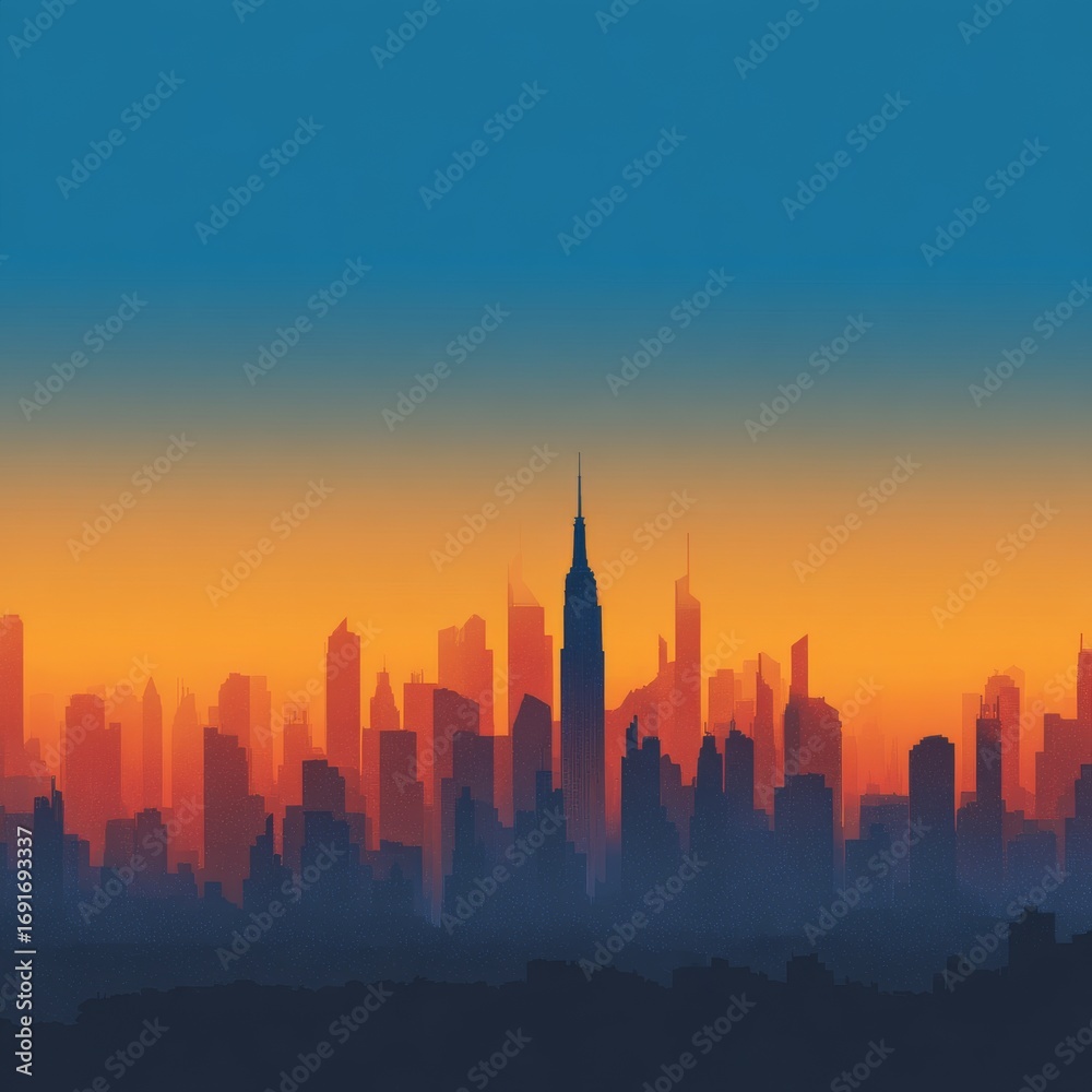 Fototapeta premium Stunning City Skyline Silhouette Against Vibrant Sunset Background
