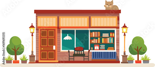 A charming store front featuring a cat perched on the roof, basking in the sunlight.