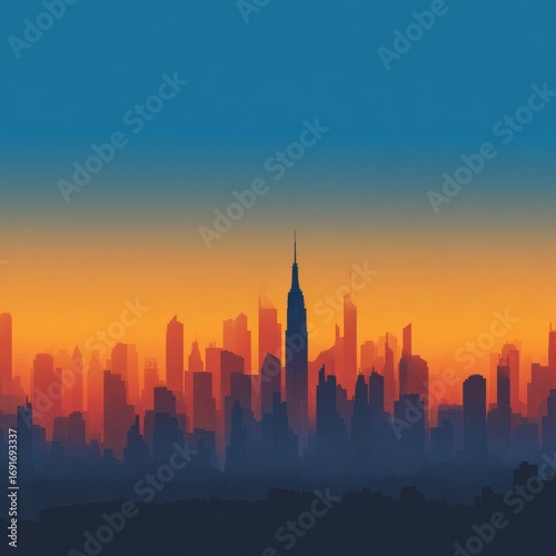 Stunning City Skyline Silhouette Against Vibrant Sunset Background