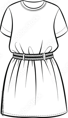 Black and white line drawing of a short-sleeved dress with a braided belt clothing fashion