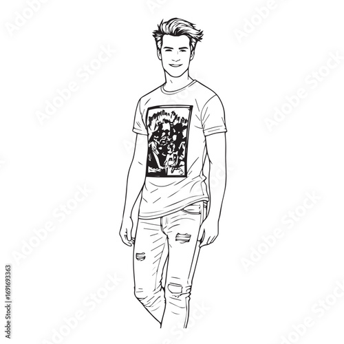 Handsome Man Black and White Illustration Vector Image Male Portrait Fashion Sketch Line Art Design	