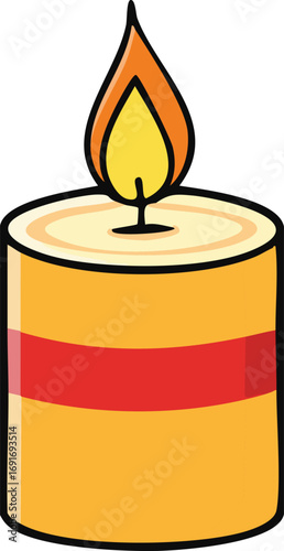Cartoon illustration of a lit candle with a red stripe, depicted in a simple, colorful style.