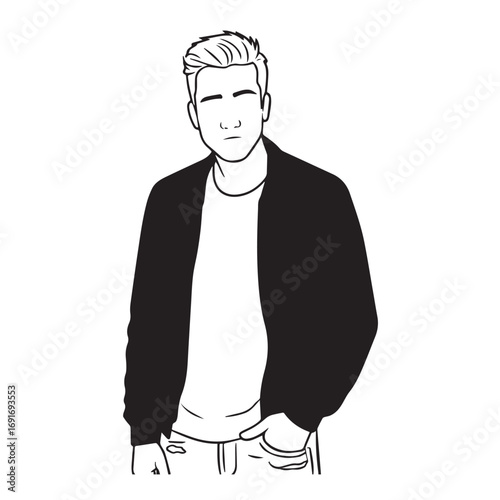 Handsome Man Black and White Illustration Vector Image Male Portrait Fashion Sketch Line Art Design	