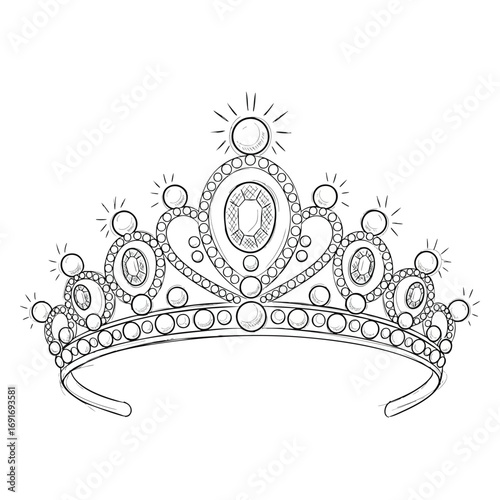 Elegant princess tiara with sparkling jewels and pearls a black and white line art illustration for coloring.