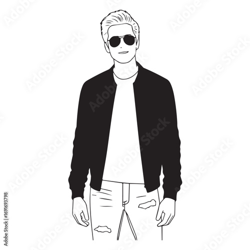 Handsome Man Black and White Illustration Vector Image Male Portrait Fashion Sketch Line Art Design	