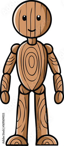 Cartoon illustration of a wooden mannequin with a smiling face standing upright.