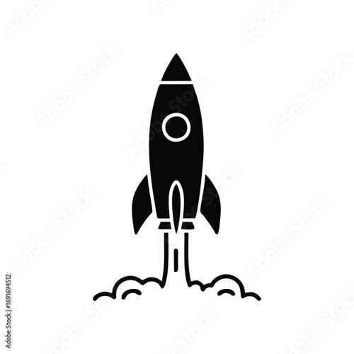 A black silhouette of a rocket launching upwards, with smoke and flames billowing from its base, against a white background.