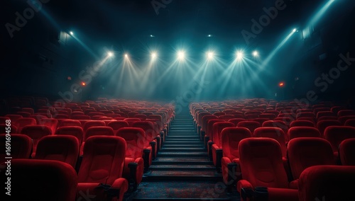 Empty movie theatre, rows of red seats, spotlight beams