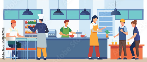Chefs and kitchen staff working together in a bustling restaurant kitchen, focused on food preparation and cooking.
