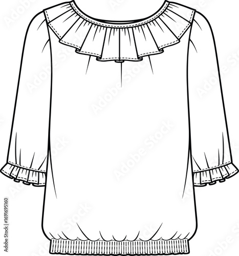 Fashion flat sketch of a white ruffled neck blouse with three quarter sleeves garment clothing