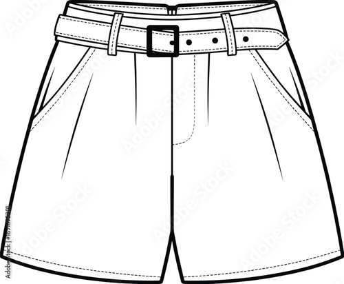 Fashion flat sketch of high waisted pleated shorts with belt and pockets clothing apparel
