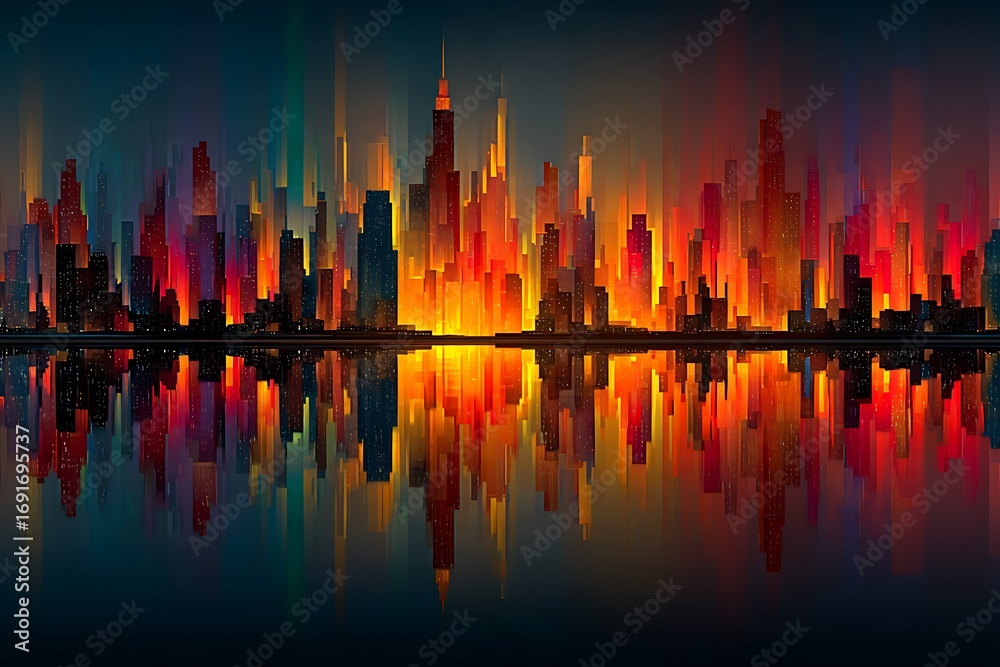 Obraz premium Vibrant cityscape with fiery reflections abstract skyline