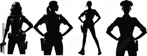Four female police officer silhouettes with guns and holsters ready for action silhouette