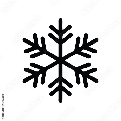 A simple black outline icon of a six-pointed snowflake on a white background, representing winter, cold, and festive seasons.
