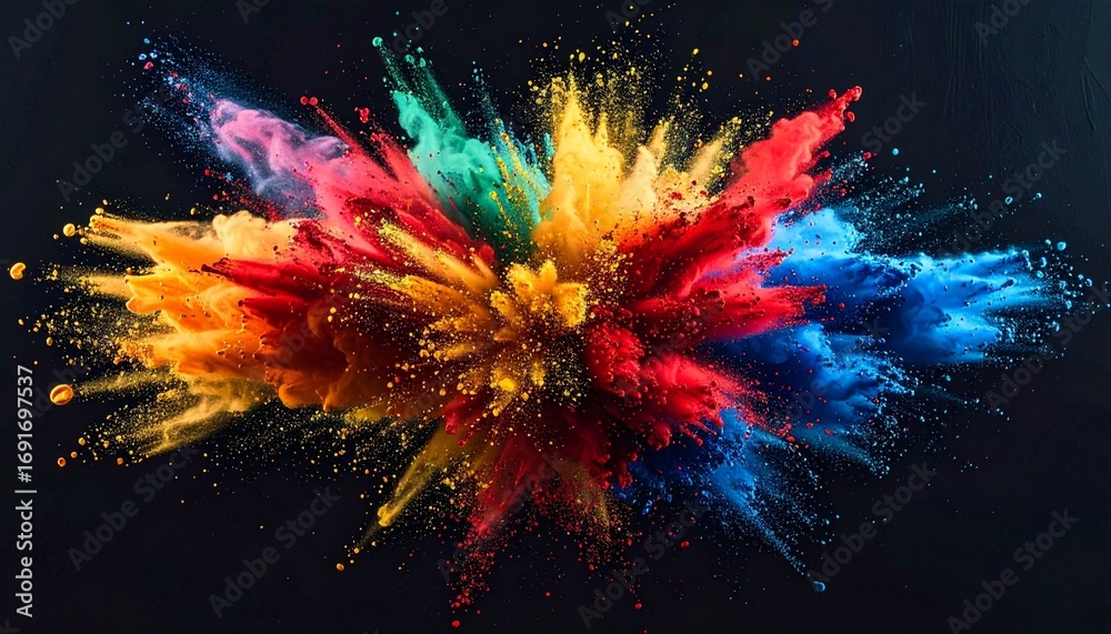 custom made wallpaper toronto digitalA vibrant CMYK color explosion featuring dynamic splashes of red, gold, green, and blue tones against a solid dark background.