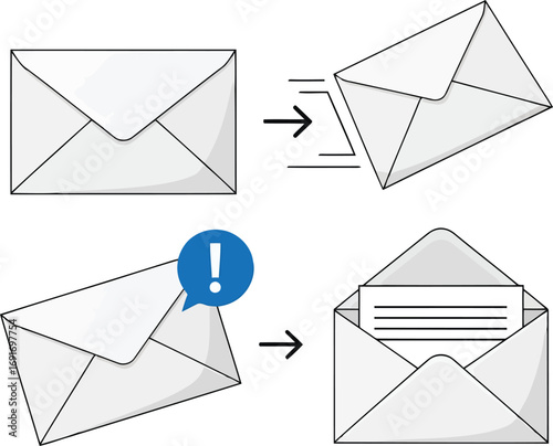 Four stages of sending and receiving an email with an exclamation mark alert on white background Keywords: email, mail, envelope, sending, receiving, message, communication, notification, alert