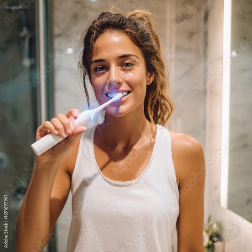 Woman Brushing Teeth with Electric Toothbrush in Bathroom Setting