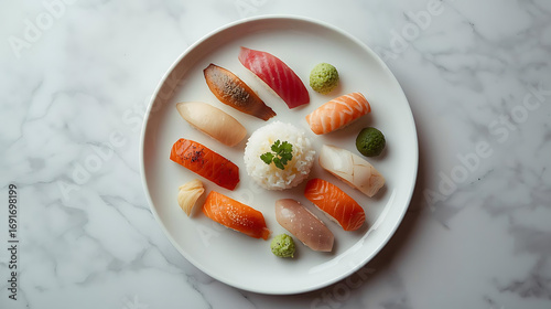 Artisan Sushi on a Plate: An artistic composition showcases an array of beautifully crafted sushi pieces artfully arranged on a clean, bright plate, each bite a testament to culinary excellence.