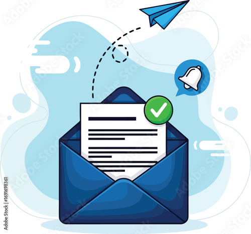Open Blue Envelope with Document and Paper Airplane Flying Above with Notification Bell email message
