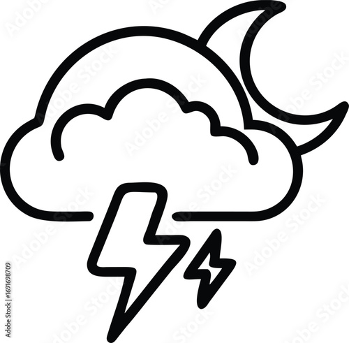 Weather outline icon featuring cloud, crescent moon, and lightning bolts for user interfaces