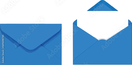 Two blue envelopes one closed and one open with flap detached mail letter