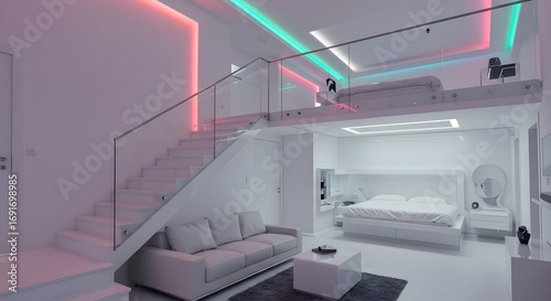 Futuristic two-level loft apartment interior with minimalist white design and vibrant neon LED lighting