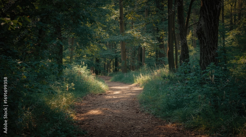 Obraz premium A sun-dappled forest path winds through verdant trees, bathed in soft, natural light.