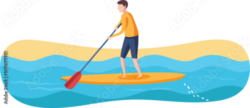 A man is on a paddleboard, navigating through the water with a paddle in hand under clear skies.
