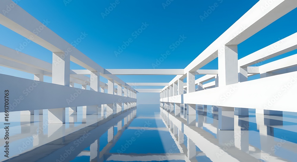 Fototapeta premium Modern White Architecture Reflecting in Water Under Clear Blue Sky