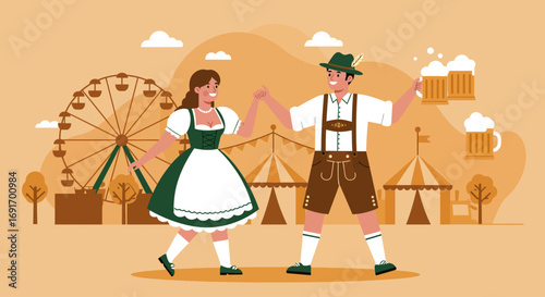 A vibrant flat design illustration of a happy Bavarian couple in traditional attire, dancing together amidst the festive atmosphere of Oktoberfest