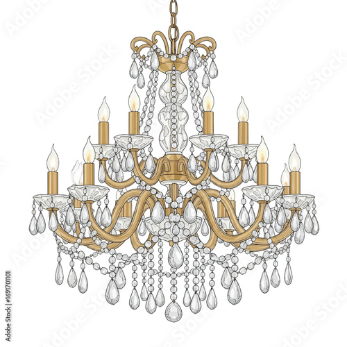 A grand, ornate gold chandelier with multiple arms and sparkling crystal teardrops, featuring candle-style lights, on a white background.