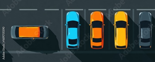 Top-down view of parked cars in a parking lot.  Colorful vehicles in designated spaces