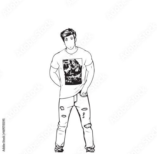 Handsome Man Black and White Illustration Vector Image Male Portrait Fashion Sketch Line Art Design	