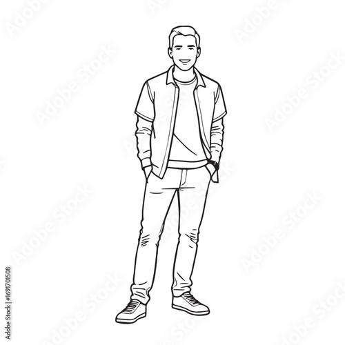 Handsome Man Black and White Illustration Vector Image Male Portrait Fashion Sketch Line Art Design	