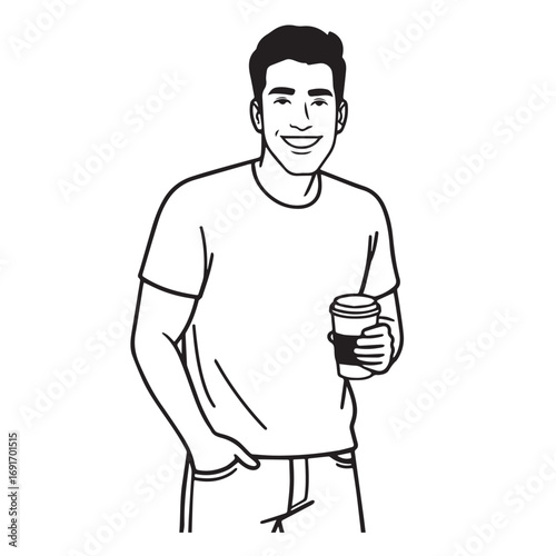 Handsome Man Black and White Illustration Vector Image Male Portrait Fashion Sketch Line Art Design	
