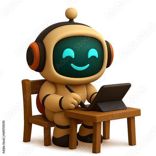 3D cartoon robot, sitting at a small table, typing on a tablet with a stylus