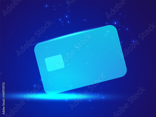 Financial Technology with The Future of Hologram Credit Card blue light effect on dark blue background vector design concept. Abstract credit card template for ui, finances, website, banking, banner.
