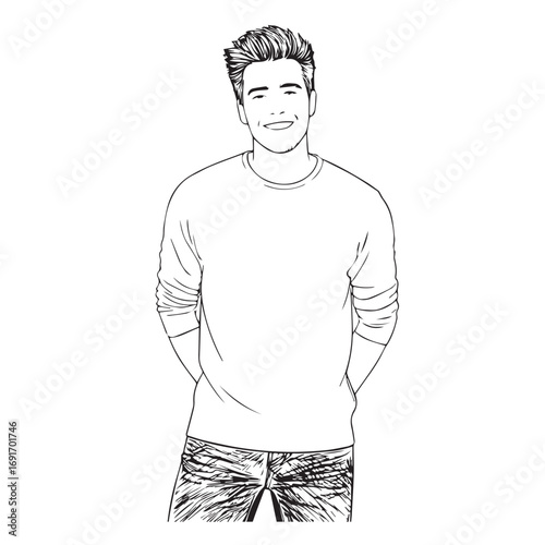 Handsome Man Black and White Illustration Vector Image Male Portrait Fashion Sketch Line Art Design	