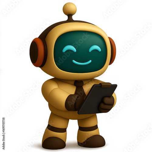 Cute 3D cartoon robot, holding a clipboard