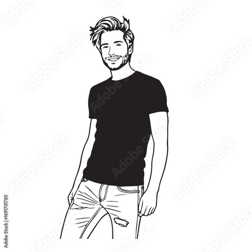 Handsome Man Black and White Illustration Vector Image Male Portrait Fashion Sketch Line Art Design	